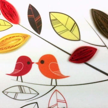 quilling art, love birds print, love birds art, love birds on canvas, love birds