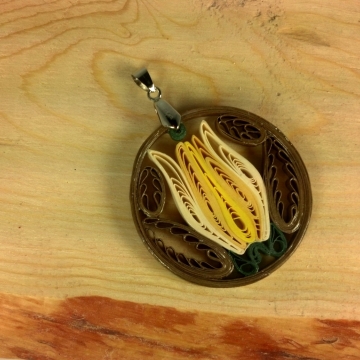 Yellow Tulip Pendant, Bronze Paper Filigree, Tulip Necklace, Paper Quilling