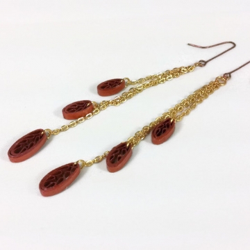 Copper Leaf Dangle Chain Extra Long Boho Earrings autumn leaf earrings, copper jewelry, paper jewelry, paper quilling earrings