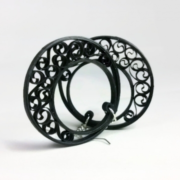 Black Filigree Earrings Half Moon Hoops, unique black filigree earrings, half moon hoops, black earrings, black hoop earrings