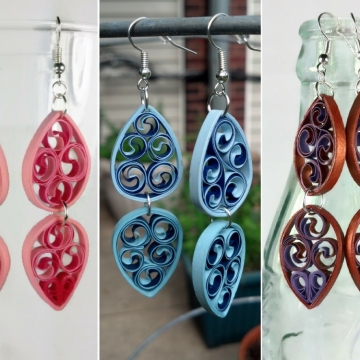 double teardrop earrings, paper filigree earrings, pink filigree, blue filigree