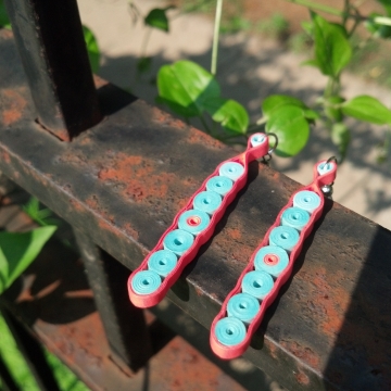 Coral Turquoise Long Bar Paper Earrings coral earrings, turquoise earrings, coral and turquoise, turquoise and coral