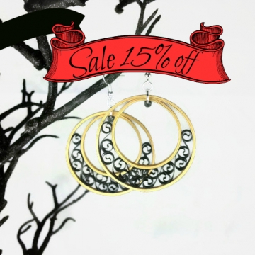 sale earrings, gold hoop earring, black filigree, gold hoop, paper quill earring