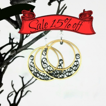 SALE Gold Hoop Earrings Paper Filigree, SALE earrings sale earrings, gold hoop earring, black filigree, gold hoop, paper quill earring