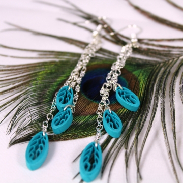 Dangle Fringe Colorful Quilled Leaf Earrings boho earrings, long fringe earrings, leaf earrings, silver chain jewelry, summer