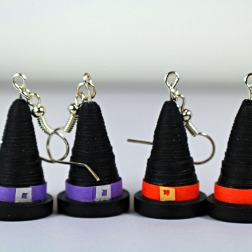 handmade witch hat earrings, black witch hats, green witch hats, handmade witch