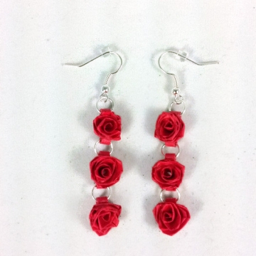 Handmade Three Red Roses Dangle Earrings