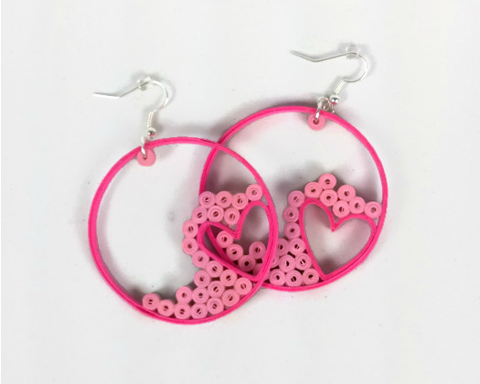 pink heart hoop earrings paper quilling