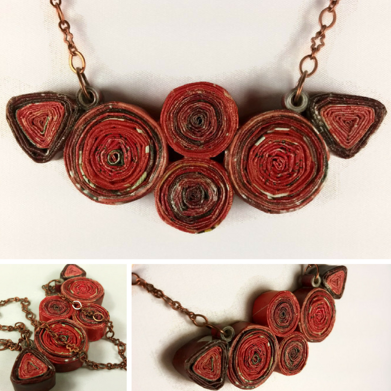 Red Upcycled Magazine Paper Necklace